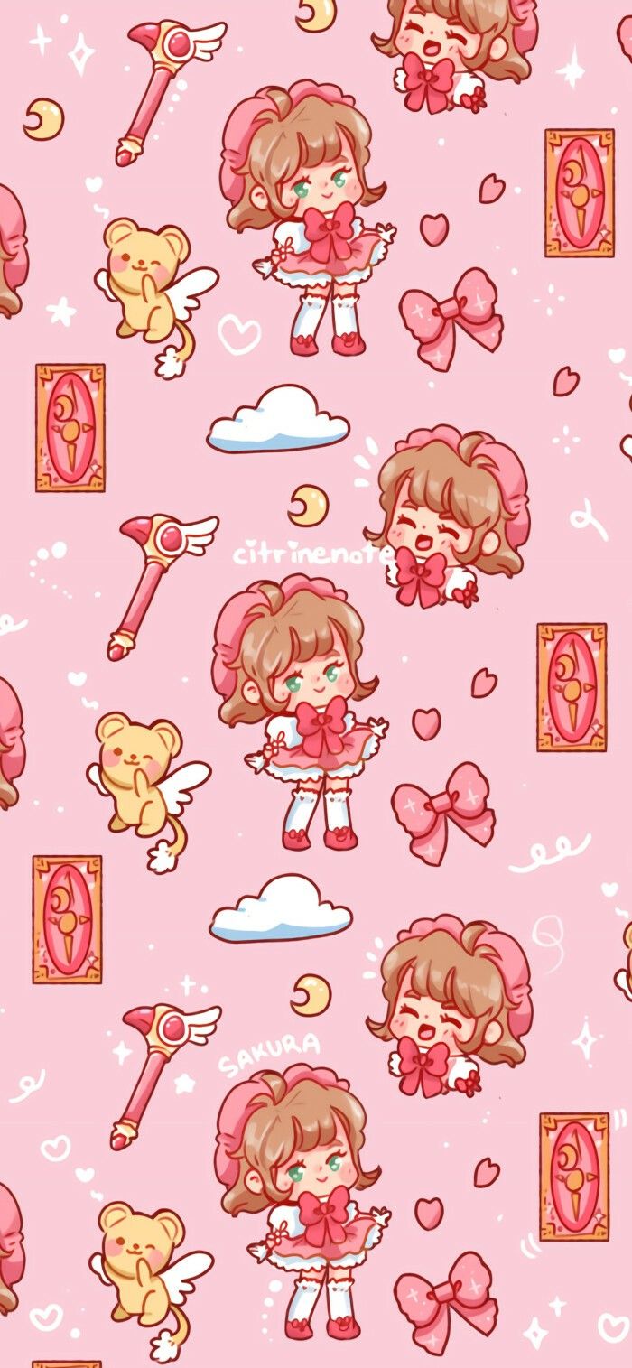 a pink wallpaper with cartoon characters and hearts on the background, all in different colors