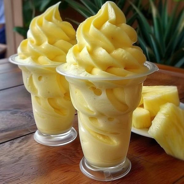 three cups filled with ice cream sitting on top of a wooden table next to pineapple slices