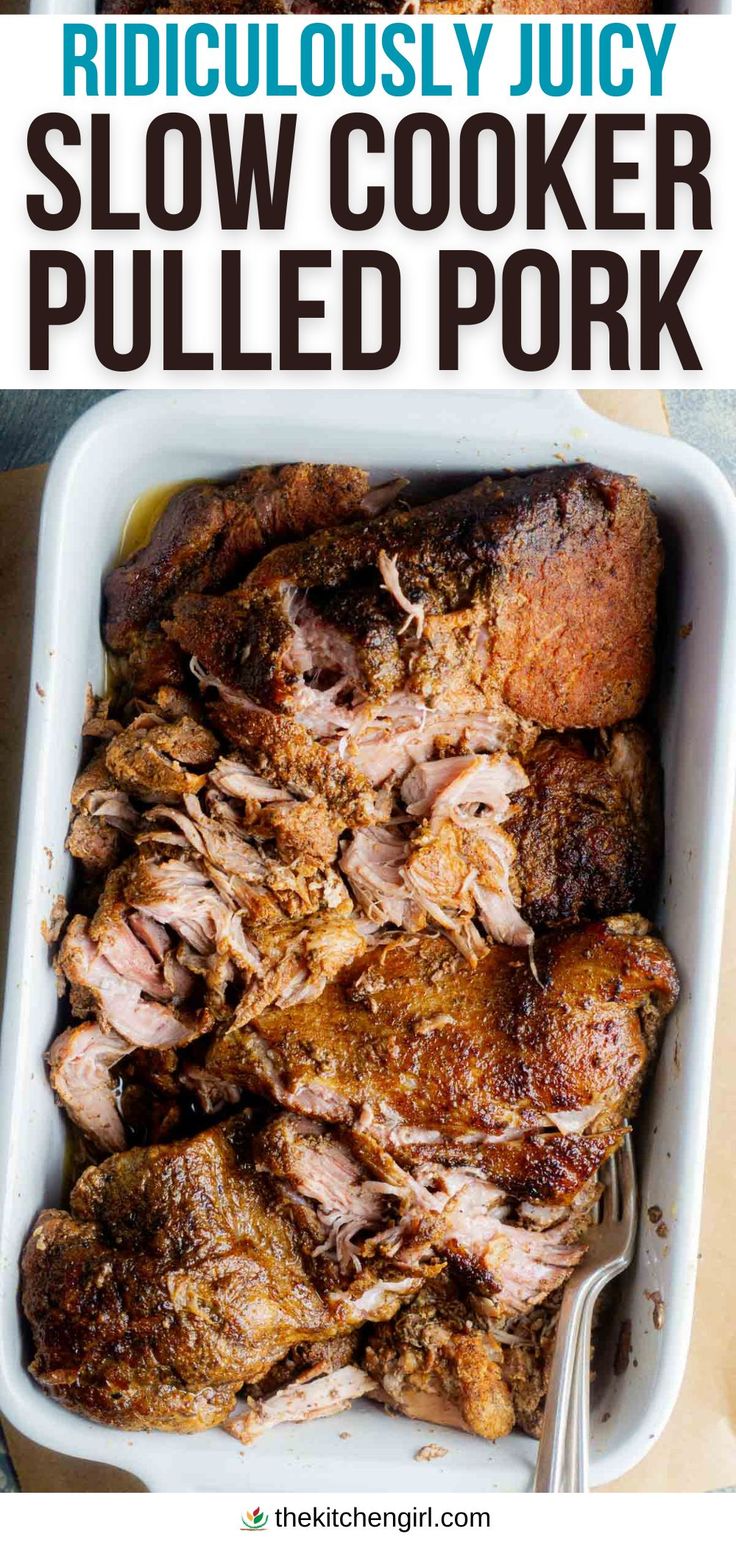 Image of juicy shredded pulled pork in white serving dish with two forks. title text: "ridiculously juicy slow cooker pulled pork" Italian Pulled Pork Crock Pot, Pork Picnic Roast Recipes Crock Pots, Pork Loin Pulled Pork Slow Cooker, Easy Pulled Pork Crock Pot Recipes, Slow Cook Pulled Pork, Pulled Pork Crock Pot Recipes, Best Slow Cooker Pulled Pork, Italian Pulled Pork, Crockpot Pork Shoulder