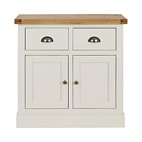 a white cabinet with two drawers and a wooden top