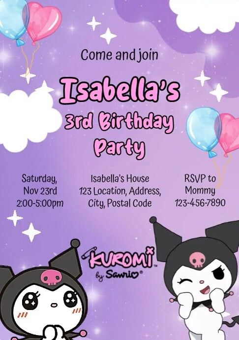 a birthday party flyer with two cartoon characters on the front and back of it, in purple