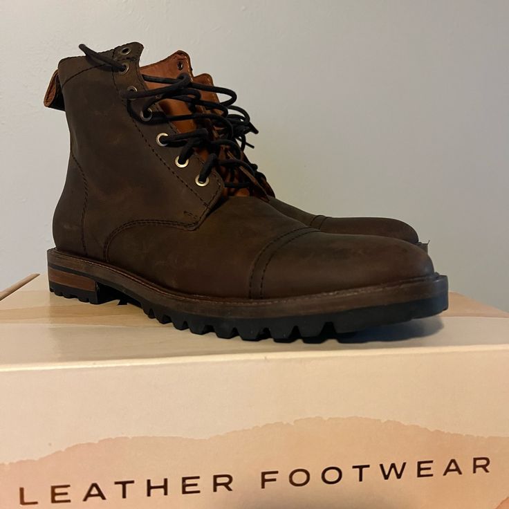 Mens Size 10. New With Packaging. Leather. Patina Breaker Boot. Brown Plain Toe Boots With Leather Footbed, Oiled Leather Waterproof Boots With Leather Sole, Winter Leather Lace-up Fitted Boots, Fitted Leather Lace-up Boots For Fall, Leather Waterproof Boots With Plain Toe And Leather Lining, Oiled Leather Ankle Work Boots With Leather Lining, Rugged Round Toe Moto Boots For Workwear, Leather Ankle Combat Boots With Reinforced Toe, Ankle Work Boots With Leather Lining And Oiled Leather