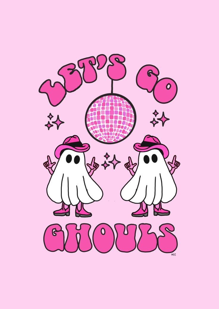 two white ghost with pink hats on their heads and the words boo's go ghouls