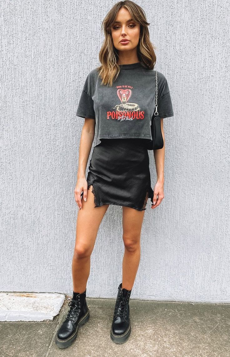 Lace Up Skirts Outfits Casual, High Fashion Mini Skirt, Outfit Ideas Summer Going Out, Black Leather And Lace Outfit, Rock Dress Up, Black Mini Slip Skirt Outfit, Graphic Tee And Skirt Outfit Fall, Black Skirt Rock Outfit, Going Out Alternative Outfits