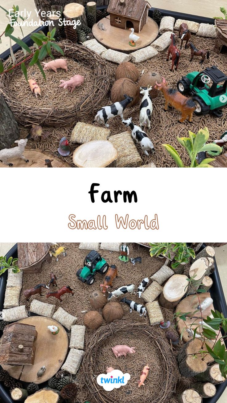 A trip to the farm in a tuff tray? Enjoy recreating these fun farm activities eyfs. Click for more ideas. Thanks to @dsimpson666 Animal Creative Activities, Tuff Tray Ideas One Year Old, Early Years Farm Activities, Farm Tough Tray Ideas, Farmyard Tuff Tray Ideas, Farm Themed Sensory Activities, Farm Provocations Preschool, Junk Modelling Ideas Eyfs, Farm Sensory Tray