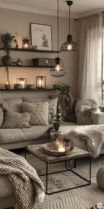 a living room filled with lots of furniture and candles on top of the coffee table