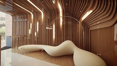 an artisticly designed room with wooden slats