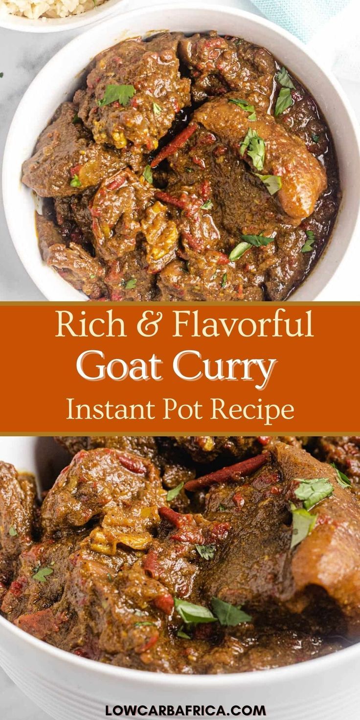 rich and flavorful goat curry in a white bowl