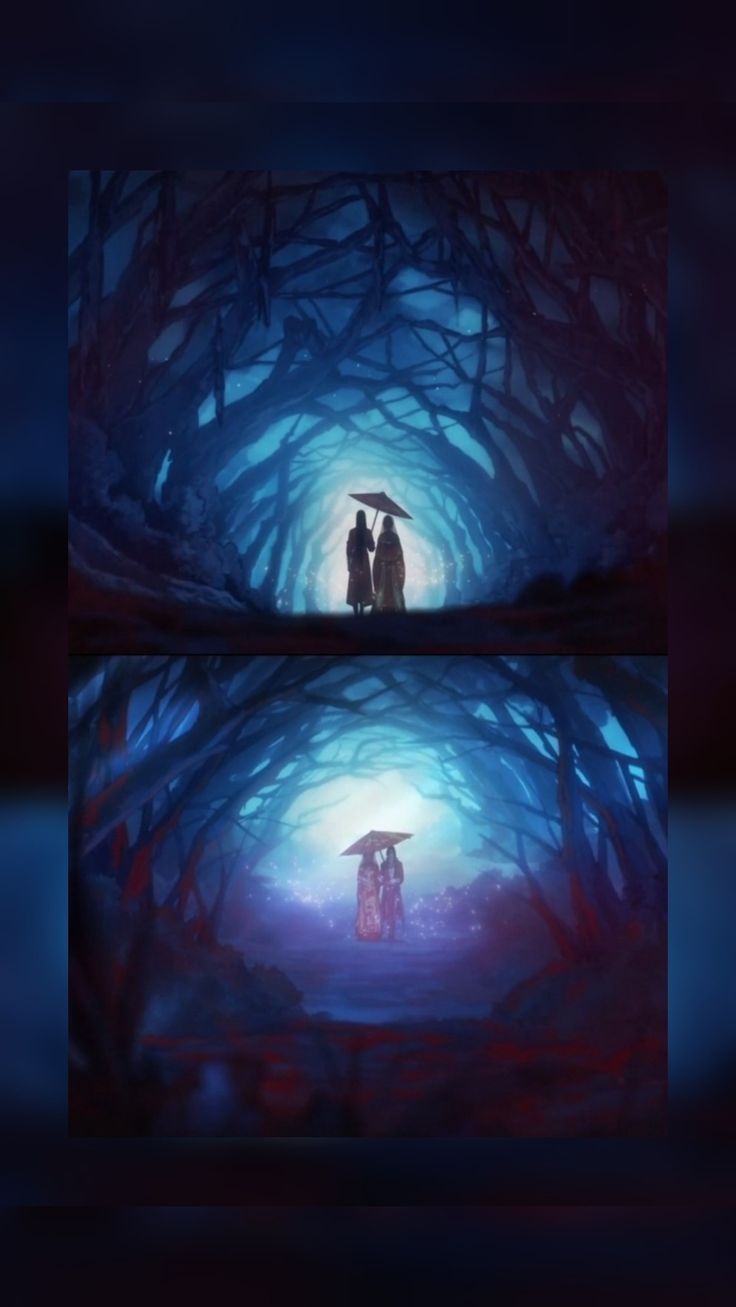 two paintings of people holding umbrellas in front of a dark blue tunnel with trees