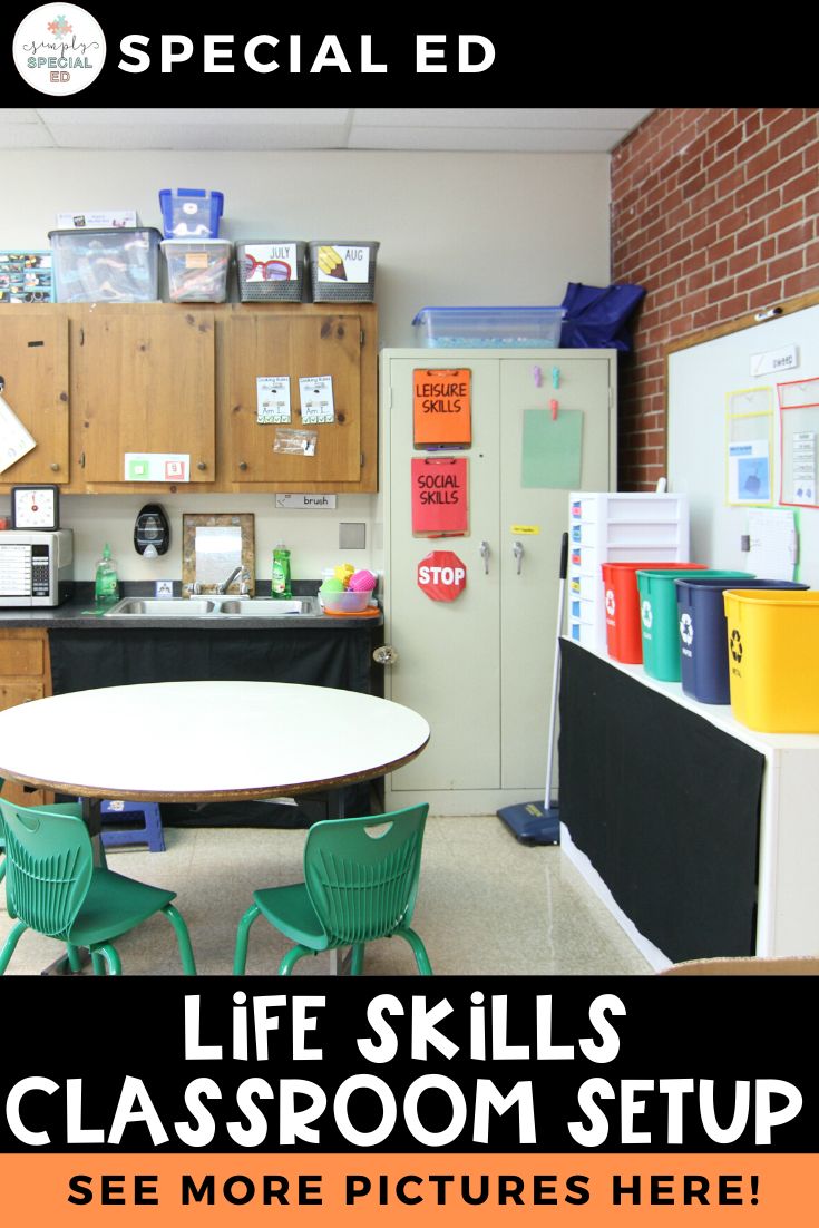 a classroom with desks and chairs in front of a whiteboard that says life skills classroom setup see more pictures here