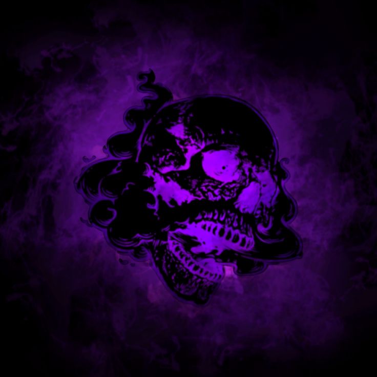 a purple and black skull on a dark background