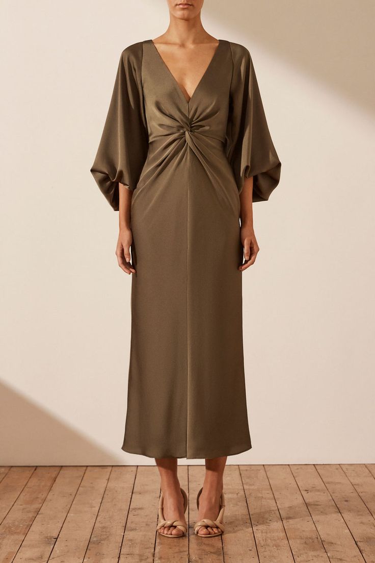 LUXE BALLOON SLEEVE KNOT FRONT MIDI DRESS | Pine | Dresses | Shona Joy – Shona Joy International Mob Dress, Mode Abaya, Knot Dress, Guest Attire, Silk Touch, Sleeve Midi Dress, Midi Dress With Sleeves, Guest Outfit, Bridesmaids Dresses