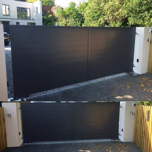 two pictures of the same gate in different stages of being opened and closed, with one showing