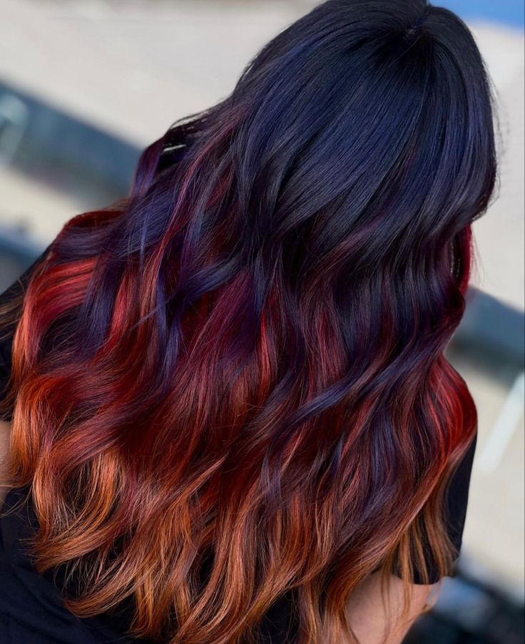 Winter Hair Dye Ideas Brunettes, Bold Hair Colors For Brunettes, Copper Burgundy Balayage, Balayage With Vivid Colors, Unique Winter Hair Colors, Winter Hair Colors 2023, Fall Vivid Hair Color For Brunettes, Vibrant Hair Color Ideas Brunettes, Hair Color Ideas For Straight Hair