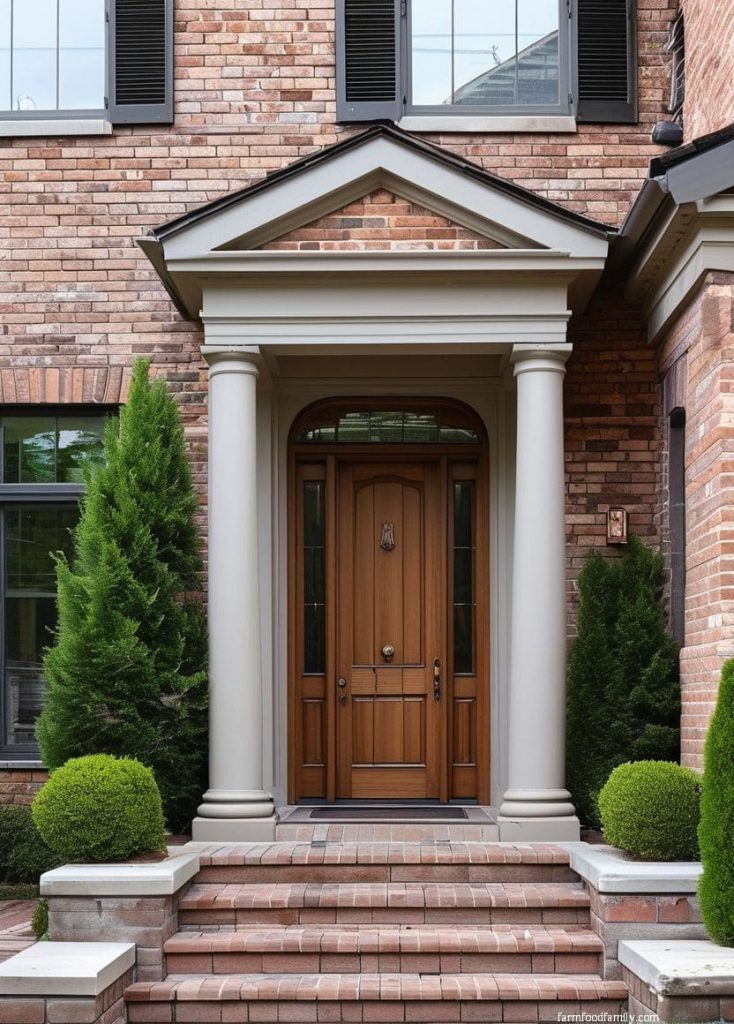 the front entrance to a house with steps leading up to it and two bushes on either side