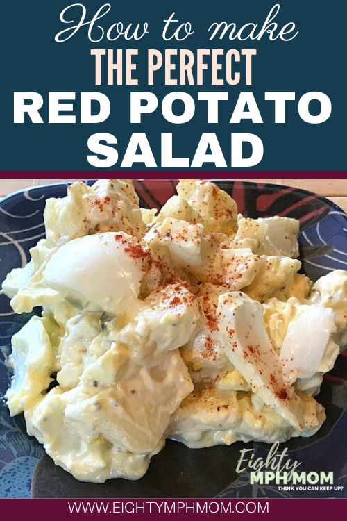 red potato salad on a blue plate with the words how to make the perfect red potato salad