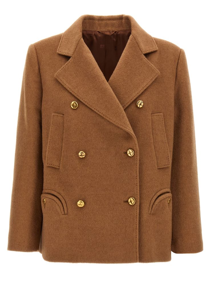 'Mylius Sealady' camel coat, double-breasted model with button closure, pockets, long sleeves. Composition: 100% camel Luxury Brown Wool Coat With Double Button Closure, Brown Wool Pea Coat With Double Button Closure, Brown Wool Coat With Double Button Closure, Luxury Beige Double-breasted Pea Coat, Brown Double-breasted Wool Coat, Brown Double-breasted Wool Coat With Double Button, Classic Brown Wool Coat With Double-breasted Button, Double-breasted Brown Wool Coat For Work, Classic Beige Double-breasted Pea Coat