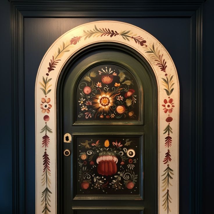 the door is decorated with flowers and leaves