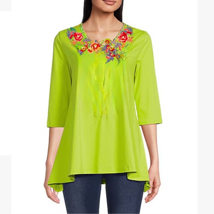 Nwt Calessa Lime Green Embroidered Tunic. Size Extra Large. Lime Green. Round Neck. Bell Sleeves. Please Note Sleeves On Stock Photo Are A Little Different Then Actual Shirt Approximate Measurements Pit To Pit 25” Length 30” Green Summer Top With Embroidered Hem, Green Embroidered Spring Tops, Green Embroidered Tops For Spring, Fitted Top With Embroidered Neckline For Spring, Green Floral Embroidered Top For Spring, Spring Stretch Tops With Floral Embroidery, Green Embroidered Top With Floral Design For Spring, Green Embroidered V-neck Top, Spring Green Blouse With Embroidered Hem