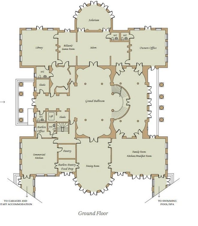 the ground plan for an old house with spiral staircases and large windows on each floor