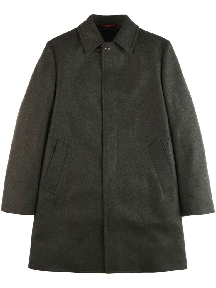 green wool-cashmere blend classic collar concealed front button fastening hook fastening long sleeves two side welt pockets straight hem Green Wool Coat, Mens Wool Coats, Single Breasted Coat, Green Coat, Green Wool, Collar Designs, Summer Beach Wear, Mens Outerwear, Outerwear Coats