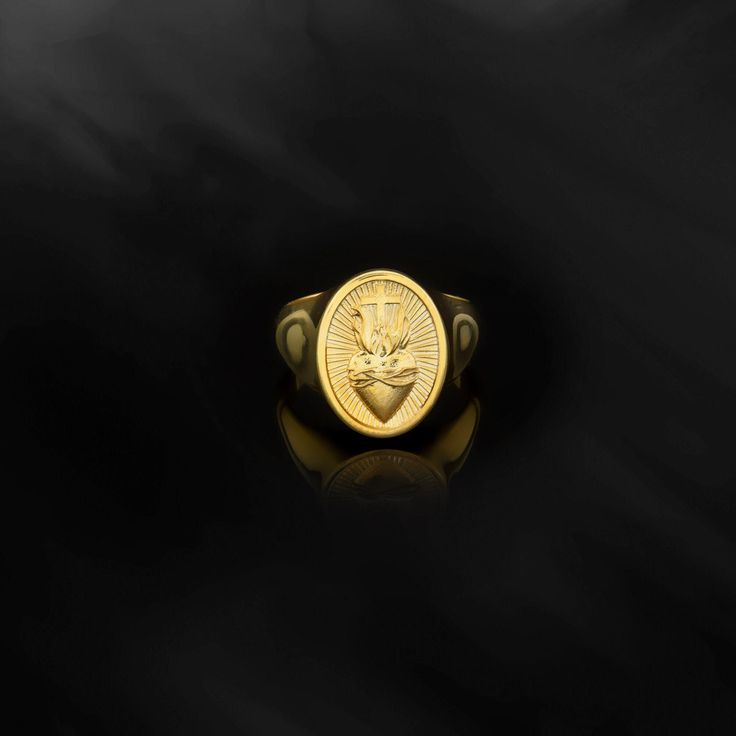 !! Our products do not contain nickel, lead or similar allergenic materials! * This Solid Gold Ring, with an polished finish, features stylish engraving details. * Expertly made and intricately designed, JewelLegacy jewelry collection is presented in an array of contemporary and classic pieces. * Made with carefully selected materials. * Optionally, we can engrave whatever you want into your ring, not exceeding 15 characters. * If you have such a request, please add the engraving you want as a n Symbolic Gold Heart-shaped Ring, Spiritual Yellow Gold Tarnish-resistant Signet Ring, Gold Spiritual Signet Ring For Promise, Spiritual Gold Signet Ring For Promise, Gold Rings For Father's Day Gift, Christmas Gifts For Fathers, Finger Rings For Men, Pinky Finger Ring, Cross Rings