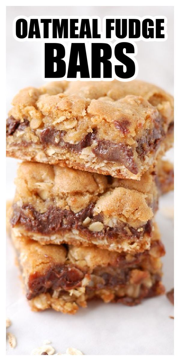 oatmeal fudge bars stacked on top of each other with text overlay