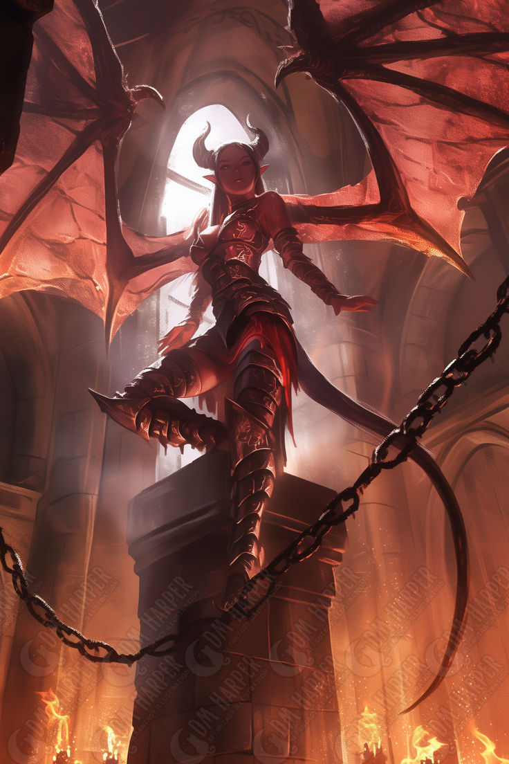 a demonic demon standing on top of a tower with chains around its legs and arms