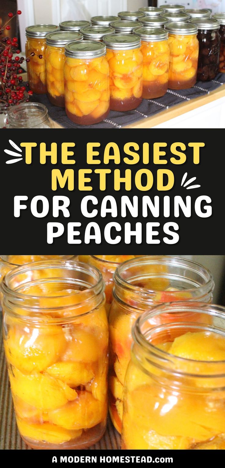 mason jars filled with peaches sitting on top of a table