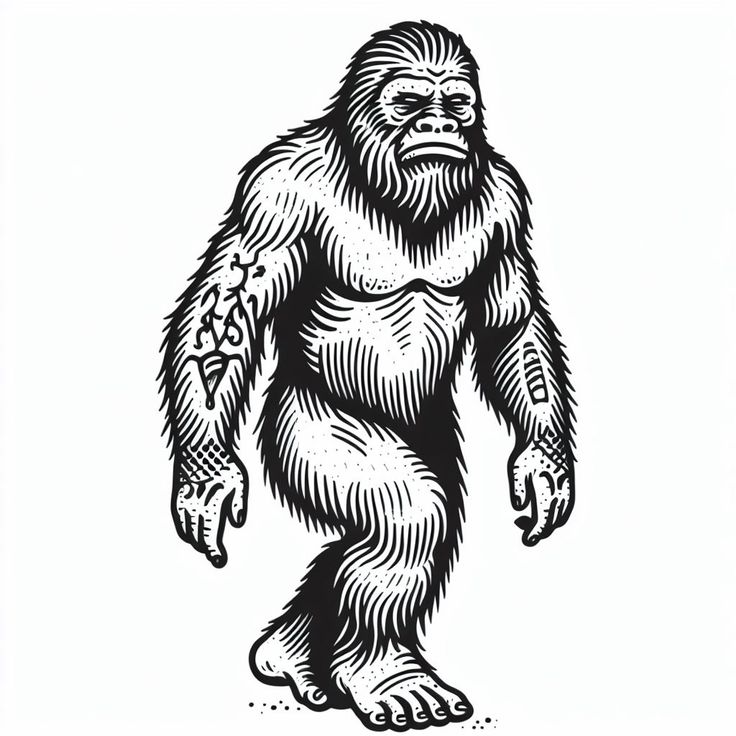 a black and white drawing of a bigfoot with chains on it's arm