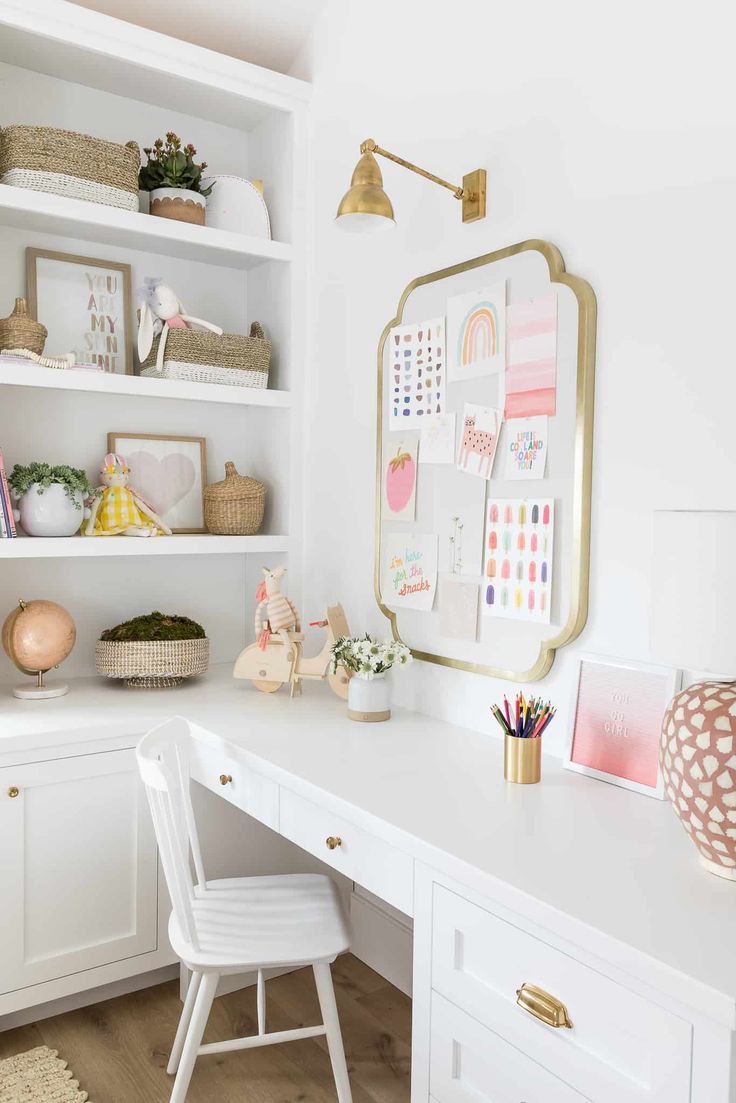 a white desk with gold accents in a home office