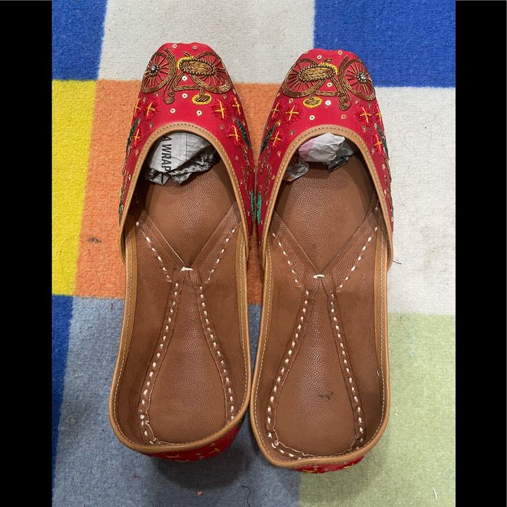 Brand New Punjabi Jutti/Flats Indian Size 41 Us Size 9.5 Red Slip-on Flats With Flat Heel, Slip-on Flats With Red Sole, Red Flat Slip-ons With Leather Sole, Red Slip-ons With Rubber Sole, Red Pointed Toe Sandals With Leather Sole, Red Closed Toe Slip-ons For Spring, Red Slip-on Flats With Rubber Sole, Red Pointed Toe Flats With Red Sole, Traditional Red Closed Toe Flats