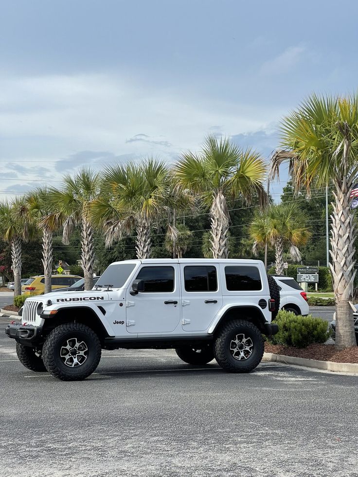 a white jeep parked in front of palm trees