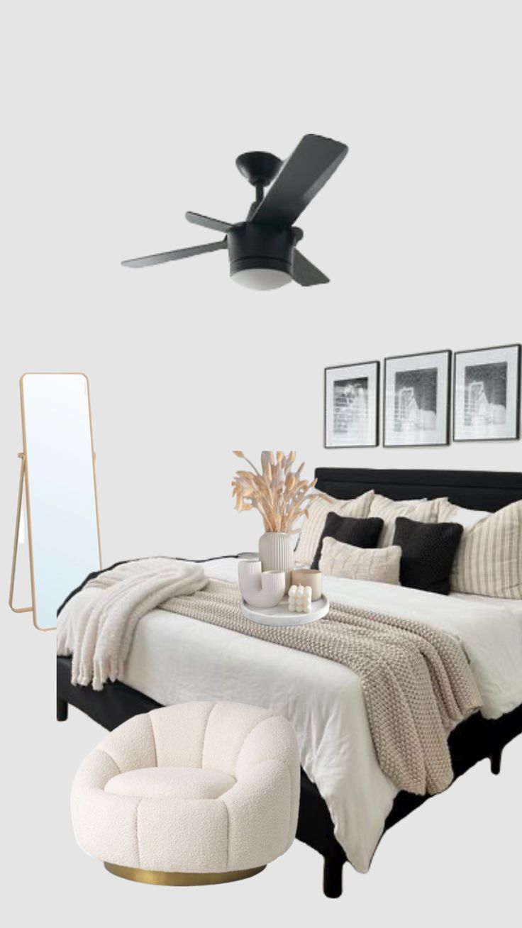 a bed room with a neatly made bed and a ceiling fan