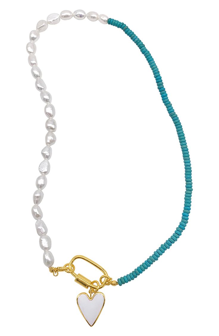 A 50/50 freshwater pearl and turquoise stone bead necklace holds a polished enameled heart, adding a colorful finish to your everyday style. 18" length, 1" pendant Carabiner clasp 14K gold plated brass, freshwater pearl, stone bead, enamel Imported Stone Bead Necklace, Pearl Stone, Pearl Heart, Stone Beaded Necklace, Freshwater Pearl Necklace, Freshwater Pearl Necklaces, Dream Jewelry, Gold Plated Necklace, Heart Pendant Necklace