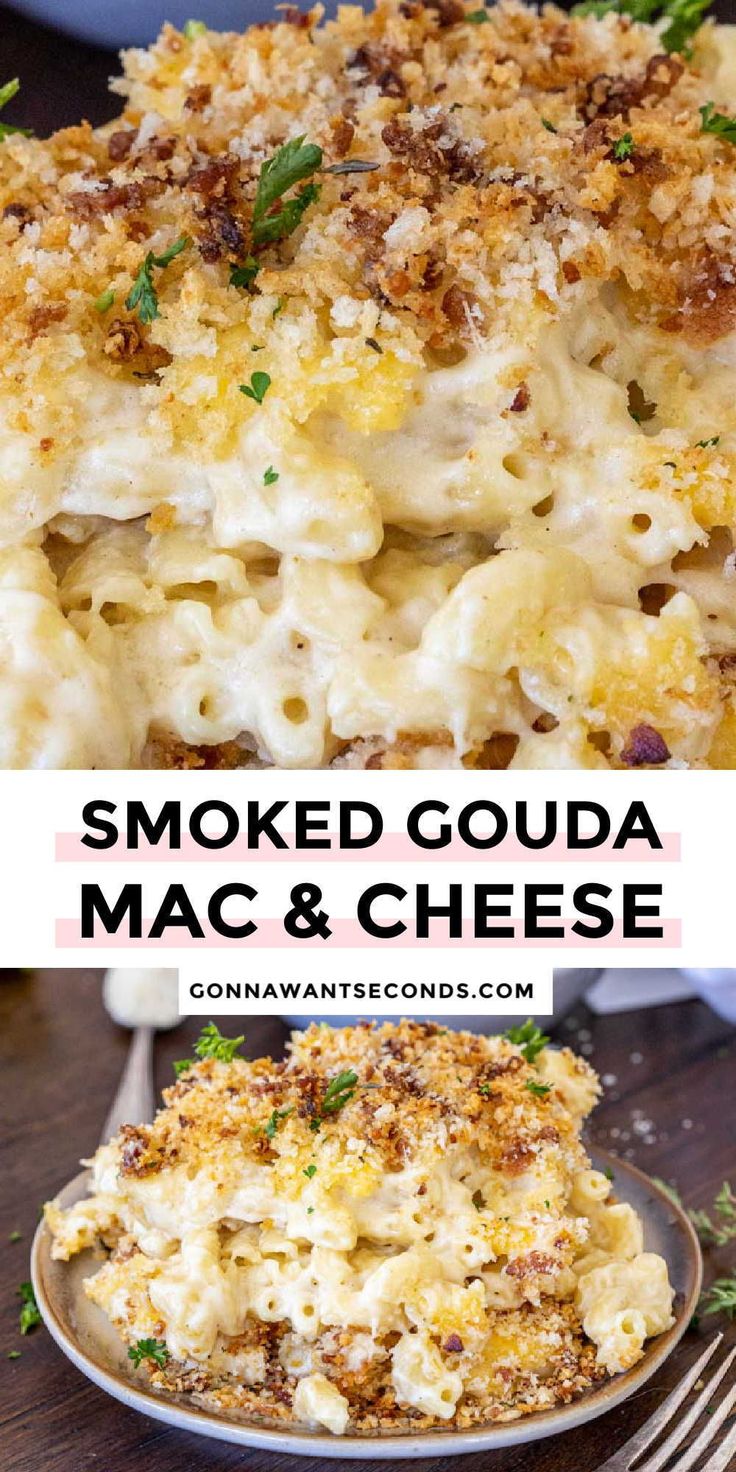 two photos with the words smoked goula mac and cheese