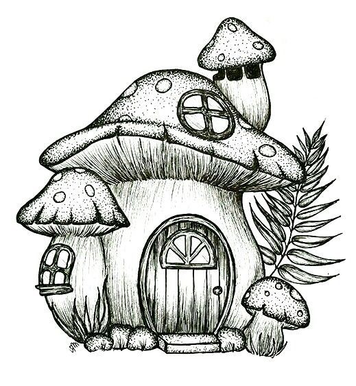 a drawing of a house with mushrooms on the roof and door, surrounded by plants