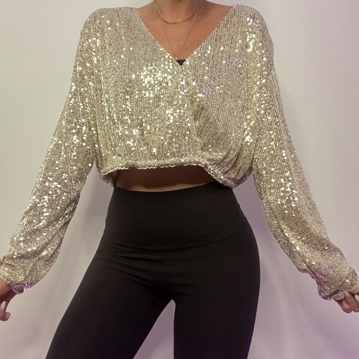 Silver And Beige H&M Sequin Long Sleeve Crop Top New Never Worn Glamorous V-neck Crop Top For Spring, H&m V-neck Top For Night Out, H&m Fitted Blouse For Party, H&m Summer Party Blouse, H&m Long Sleeve Blouse For Party, Chic H&m Blouse For Party, Chic H&m Party Blouse, Elegant H&m Party Tops, H&m Evening Tops For Spring