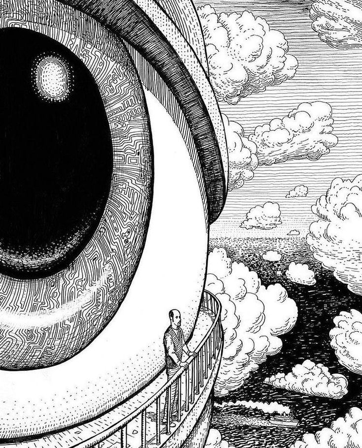 a man standing on top of a bridge next to an eye looking into the sky