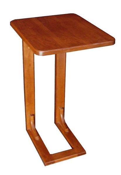 a small wooden table with one leg bent down and the other end turned upside down