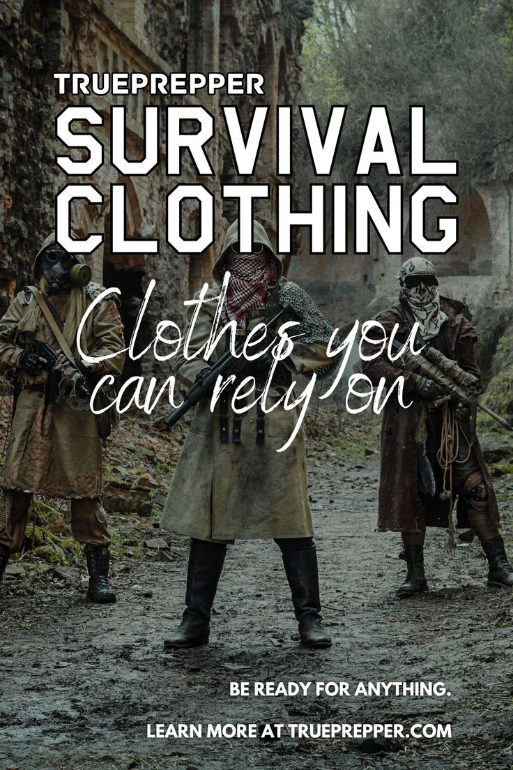 a poster for the truepreper survival clothing campaign, featuring two men in trench coats and