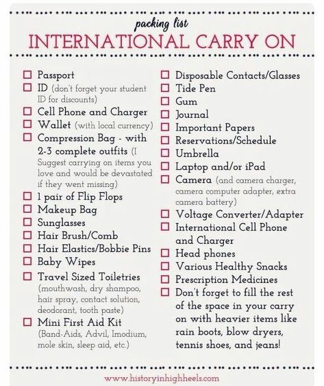 a printable travel checklist for international carry on with the text overlaying it