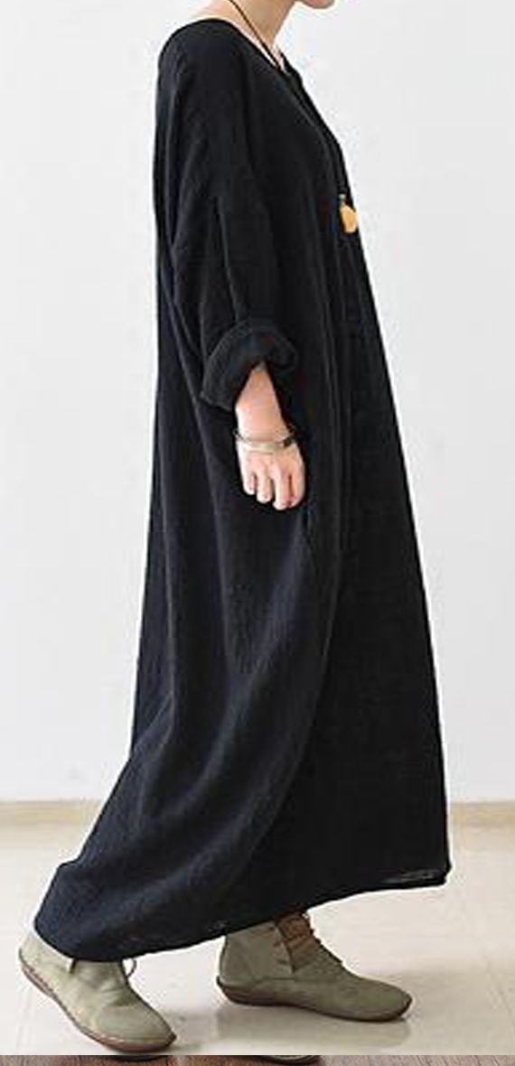 Organic nature Fabric hand made custom Made  Black Long Sleeve Maxi Women Dresses Casual Solid Color Maxi Dress With Relaxed Fit, Casual Relaxed Fit Solid Color Maxi Dress, Casual Baggy Dress For Spring, Casual Baggy Spring Dress, Casual Plain Solid Linen Dress, Casual Solid Color Linen Dress For Vacation, Oversized Cotton Casual Maxi Dress, Casual Black Linen Summer Dress, Casual Linen Solid Color Dress