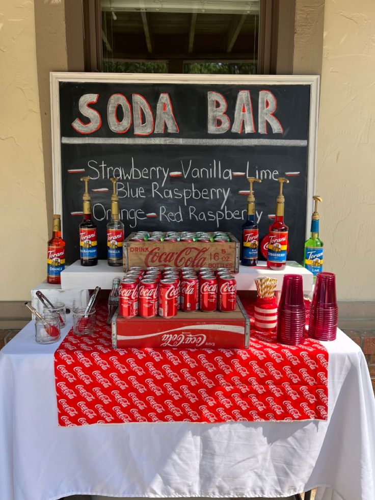 Soda Bar for any party .  Bring your guest taste buds to life with their drinks Coke Bar, Shirley Temple Bar For Grad Party, Soda Display For Party, Home Soda Bar, At Home Soda Bar, Soda Bar Party, Soda Party Ideas, Soda Theme Party, Soda Shop Party