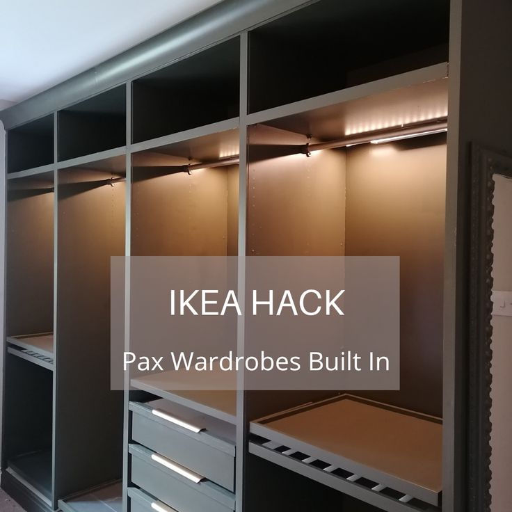 a walk in closet with drawers and lights on the wall above it is labeled ikea hack pax wardrobes built in