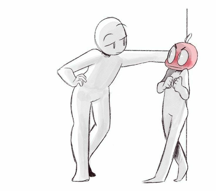 a drawing of two people with an apple hanging from the ceiling and one person holding something in his hand