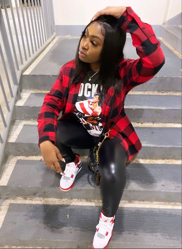 Flat Sneakers Outfit, Black And White Jordans Outfit, Red And Black Plaid Shirt Outfit, Jordan 12 Outfit Women, Black Plaid Shirt Outfit, Black Nike Outfit, Red And White Jordans, Jordan Outfits Womens, Black Plaid Shirt