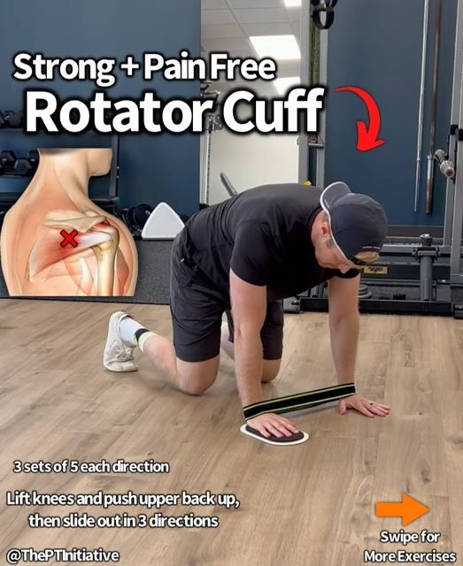 a man is doing push ups on the floor in front of a mirror with text that reads, strong + pain free rotator cuff