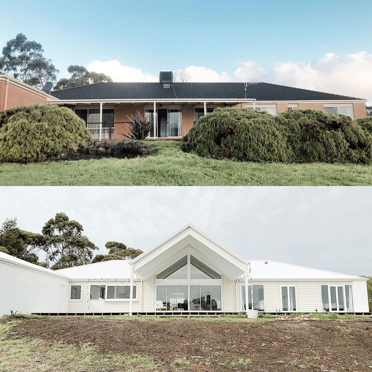 before and after shots of a house in the middle of an open field with grass