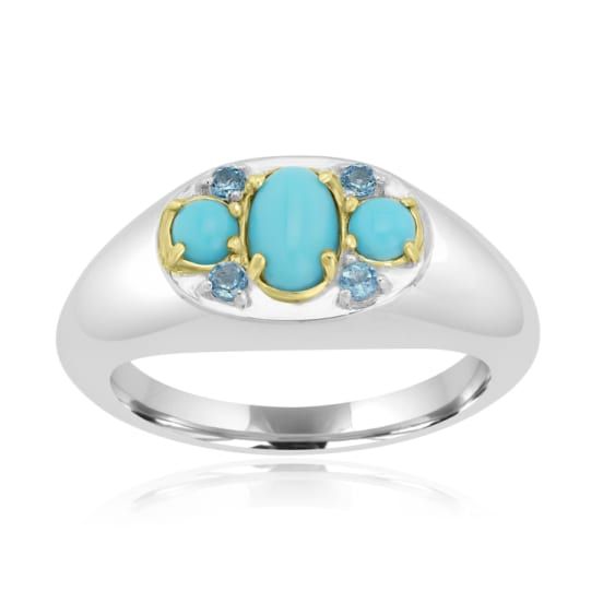 The Sleeping Beauty Turquoise And Blue Topaz Signet Ring gives you the perfect show stopping look. Featured with oval and round cabochons of sleeping beauty turquoise prong set in a band of sterling silver. The blue topaz accents add a glamorous sparkle to the ring. This sterling silver ring is showcased with exceptional quality gemstones, which are strictly graded for the best quality and 100% conflict free. The 14Kt gold caps highlight the gemstones. Elegant yet eye catching this ring will def Elegant Turquoise Round Topaz Rings, Elegant Luxury Turquoise Topaz Ring, Turquoise Topaz Round Jewelry, Sleeping Beauty Turquoise Ring, Blue Multi-stone Turquoise Ring In Sterling Silver, The Sleeping Beauty, Country Rings, Gold Caps, Sleeping Beauty Turquoise